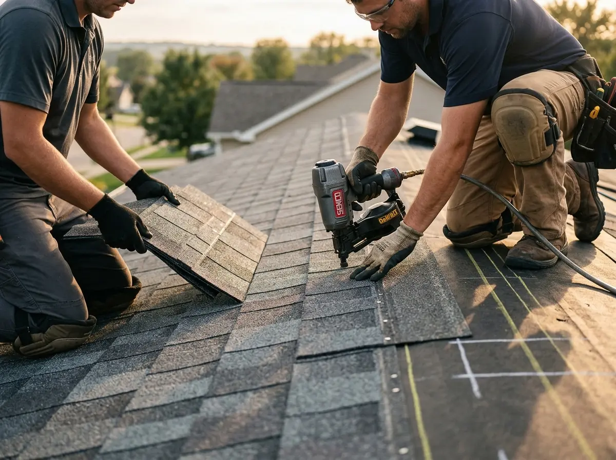 Professional roofer working on a residential roof in Eustis
